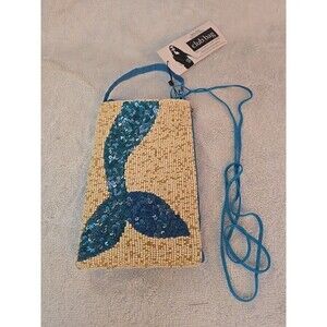 Bamboo Trading Company Teal Sequin Mermaid Tail & Micro Beaded Fabric Club Bag